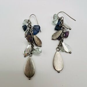 Silver Tone Cluster Dangle Earrings w Blue Purple Stone Chips